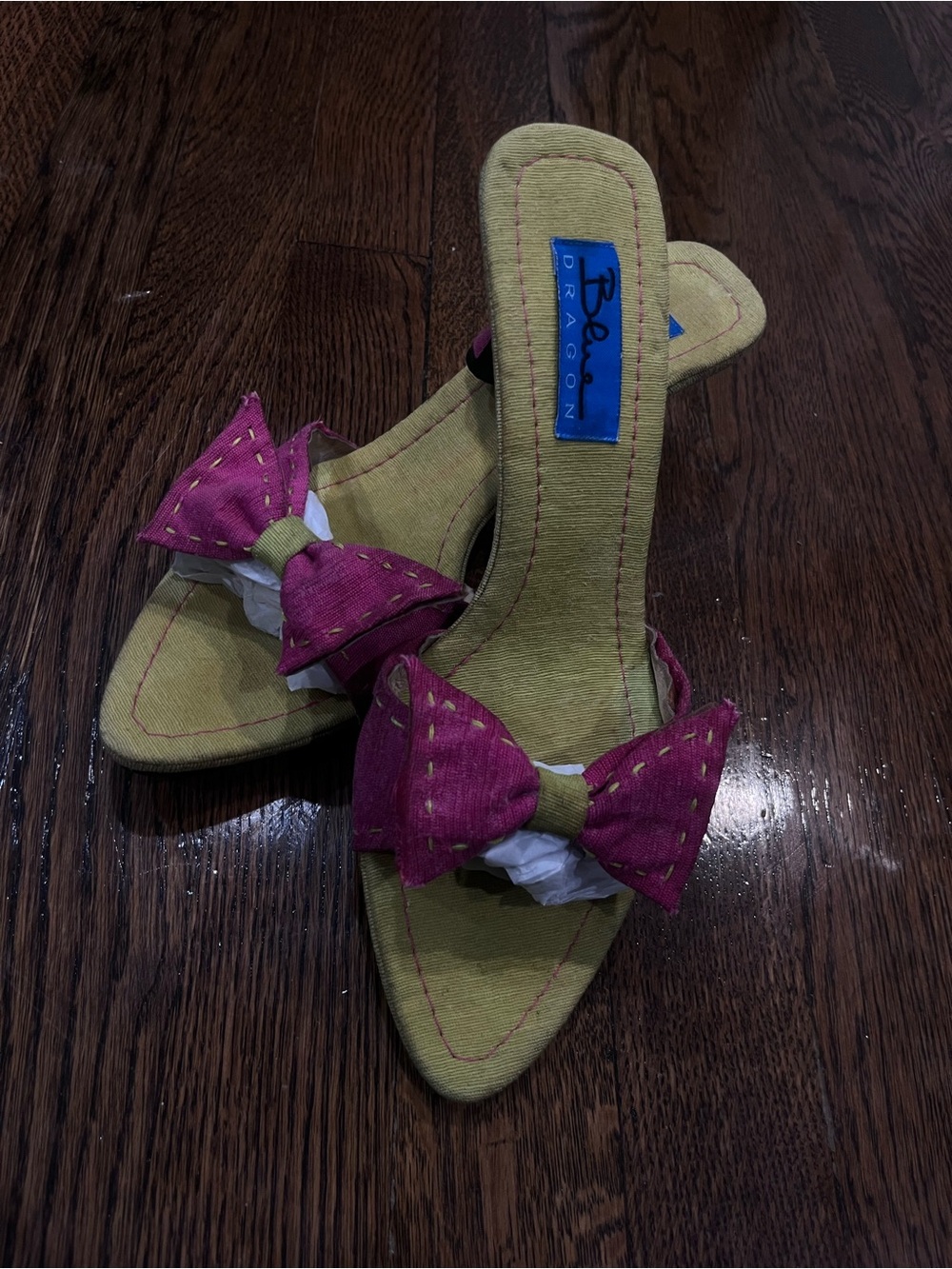 Blue Dragon Y2K Women's Green Slip-On Sandals with Pink Bow